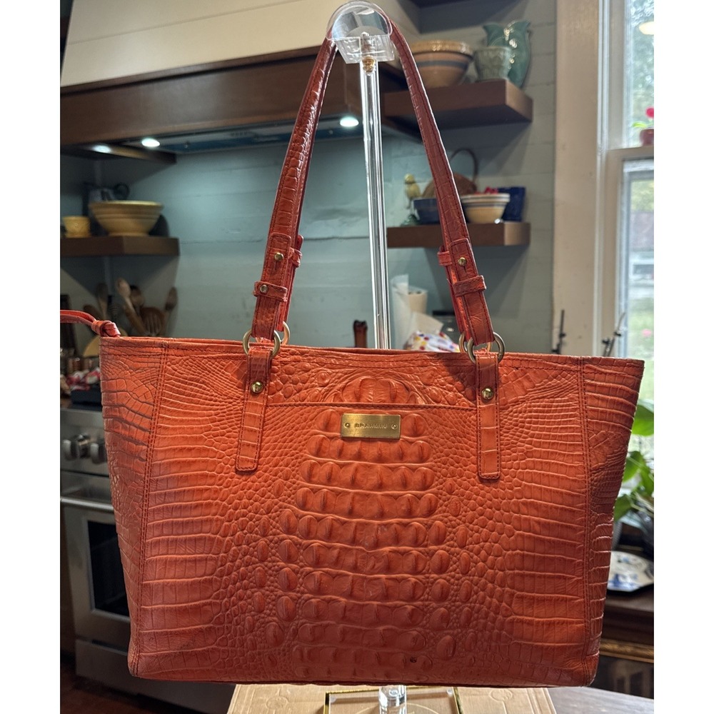 Brahmin Medium Asher Leather Tote Shoulder Bag Croc Asher Mandarin Orange